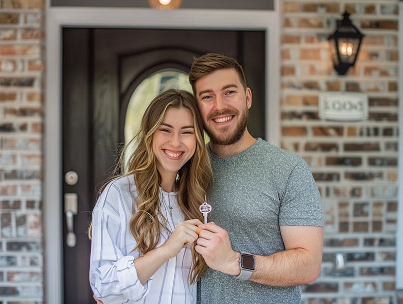 First-time homebuyers -a happy young couple stand infront of the door of their house,  with a home key in their hands