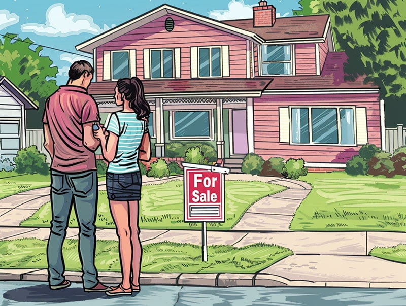 First-time homebuyers - a couple in front of a house with for sale sign infront of it