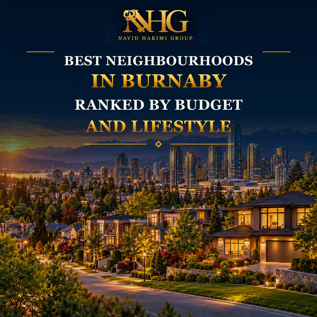 Navid Hakimi Group Home 17 Burnaby neighbourhood with homes, skyline and mountain scenery